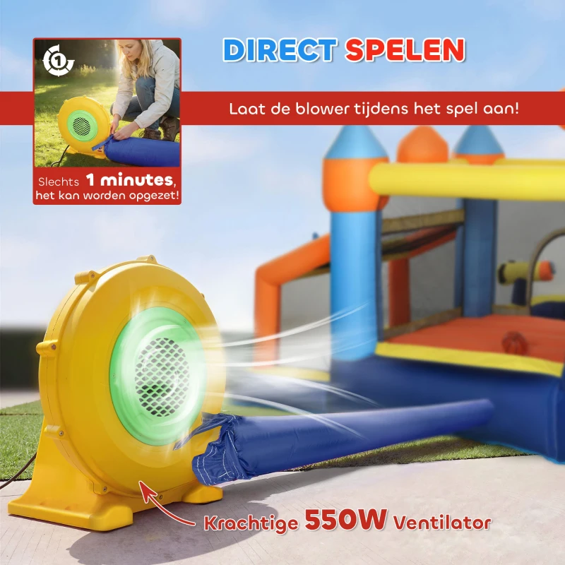 AIYAPLAY 8-in-1 Springkasteel met blower, glijbaan, plonsbad, trampoline en klimwand voor binnen en buiten, 350x325x210 cm, meerkleurig