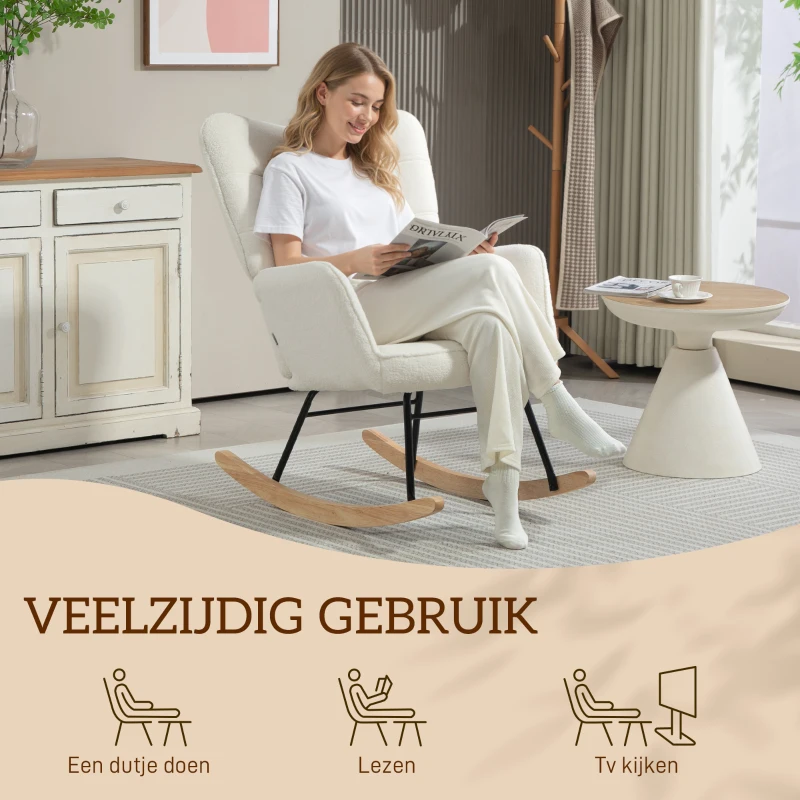 HOMCOM Schommelstoel in Berbervlies Look met Armleuningen, Ergonomische Stoel met Houten Glijders, voor Woonkamer, Slaapkamer, Wit(m-6)