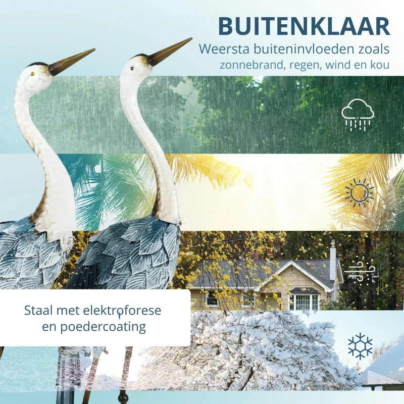 Outsunny Tuinbeeld Kraanvogels, 2-delige Set, roestvrij, weerbestendig, kleurvast, Staal, 26 x 15 x 74 cm, Blauw/Wit/Grijs