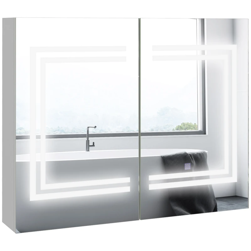 kleankin Specchio Bagno Contenitore con Luce LED, 80 x 65cm Mobile Bagno con Specchio, Anta Soft Close, Dimmerabile a 3 Colori, Ripiani Regolabili, Bianco Lucido