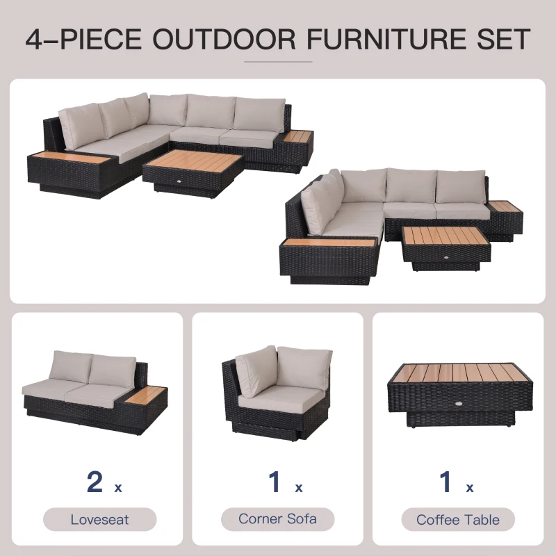 Outsunny 4 PCs Rattan Garden Furniture - Outdoor Sectional Corner Sofa and Coffee Table Set, Conservatory Wicker Weave Furniture with Armrest and Cushions, Black