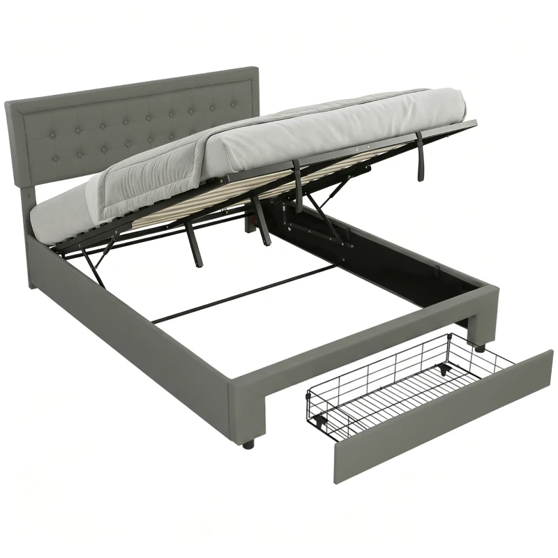 HOMCOM King Size Ottoman Bed Frame, with Front Drawer - Grey