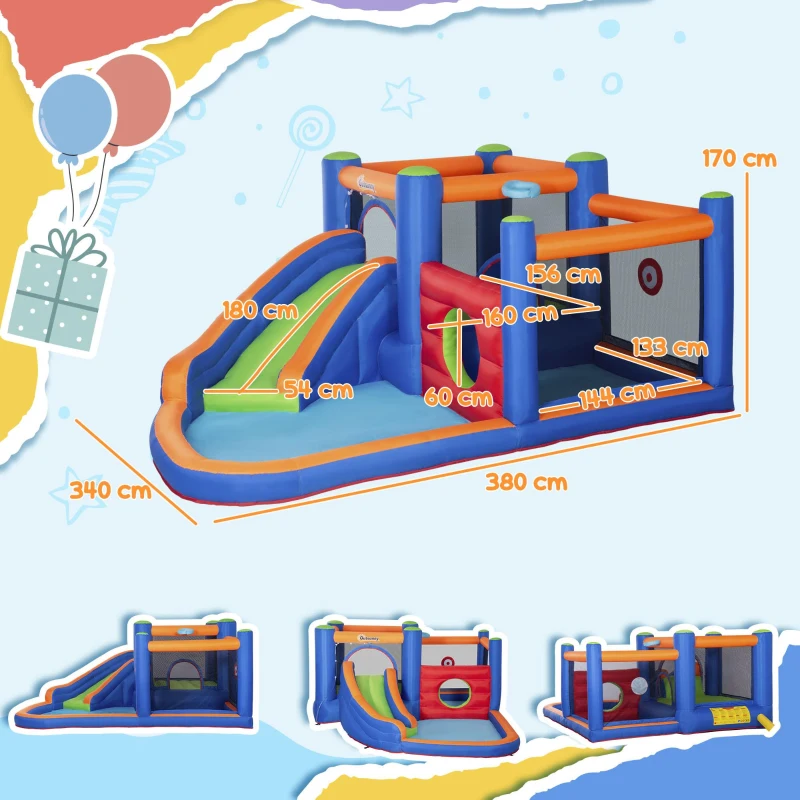 Outsunny springkasteel, met ruches, springkussen, zwembad, opblaasbaar, incl. elektrische pomp, voor maximaal 3 kinderen, 380 x 340 x 170 cm