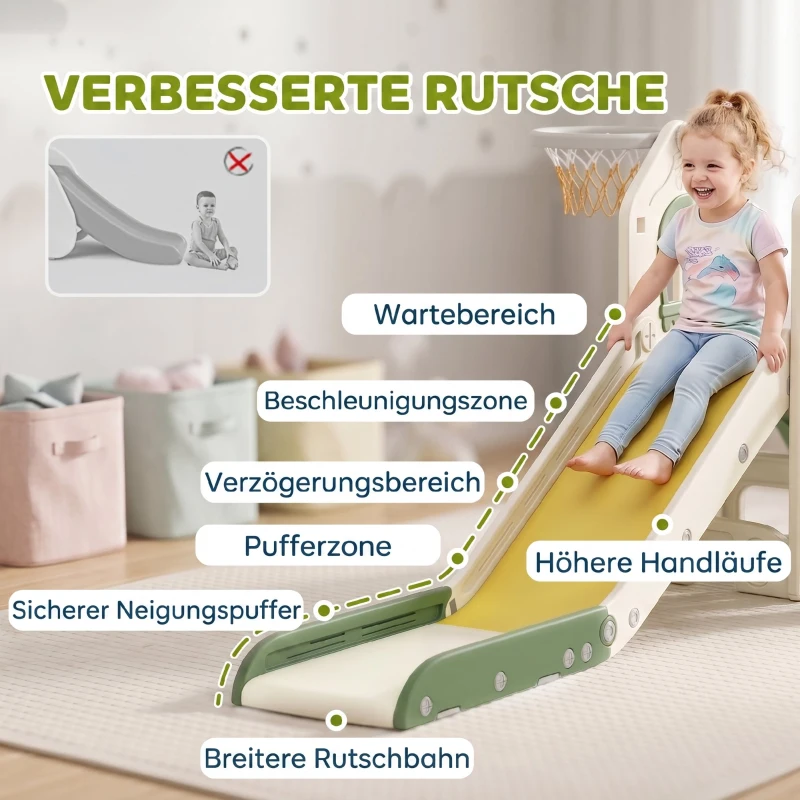 AIYAPLAY Faltbare 4-in-1 Kleinkinderrutsche mit Kletterelement, Basketballkorb, Stauraum und Basketball für Kinder von 1-3 Jahren, Cremeweiß