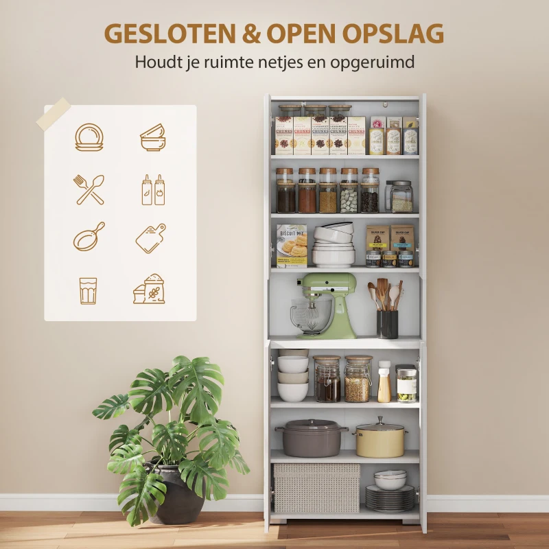 HOMCOM 180 cm Hoge Keukenkast, Voorraadkast met Soft-Close Deuren en Verstelbare Planken, Hoogglans Wit