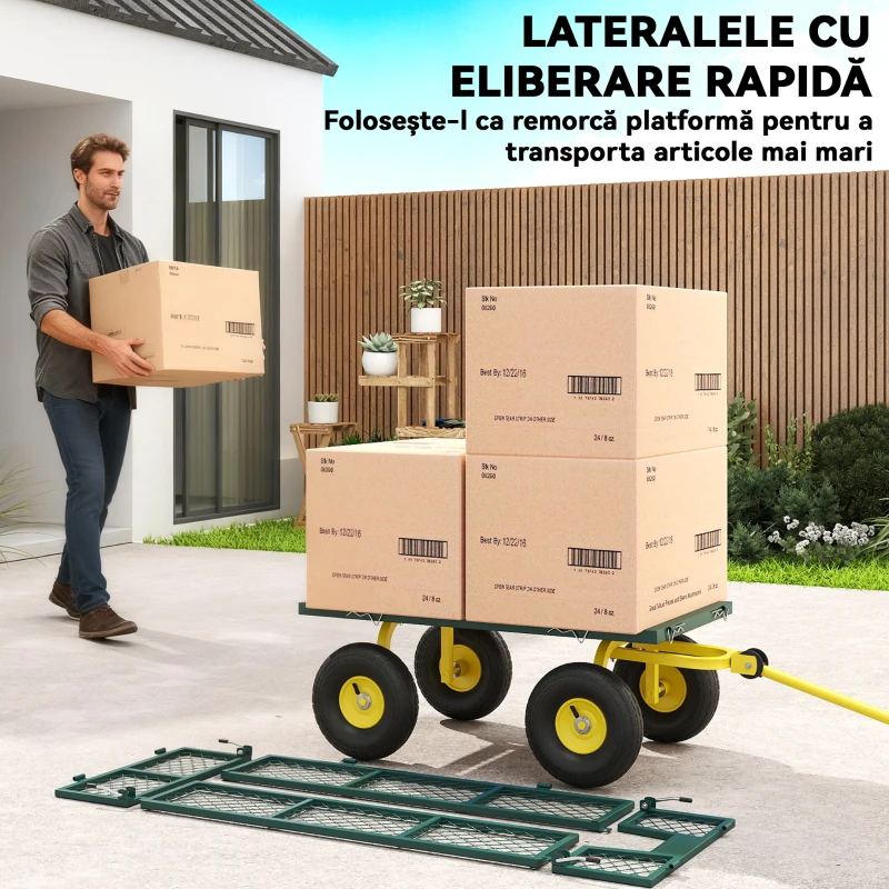 Outsunny Cărucior pentru Grădină din Oțel, cu Capacitate de 200 kg și Pereți Laterali Detașabili, 104x54x51 cm, Verde și Galben