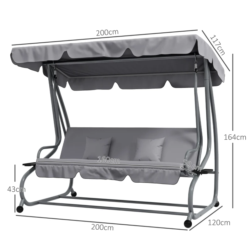 Outsunny 2-in-1 Hollywoodschaukel mit Liegefunktion, verstellbares Dach, bis 340 kg, Stahl, 200x120x164 cm, Grau