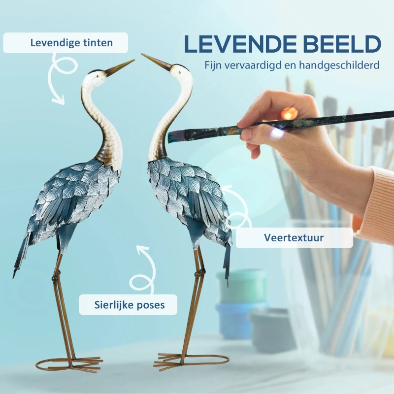 Outsunny Tuinbeeld Kraanvogels, 2-delige Set, roestvrij, weerbestendig, kleurvast, Staal, 26 x 15 x 74 cm, Blauw/Wit/Grijs