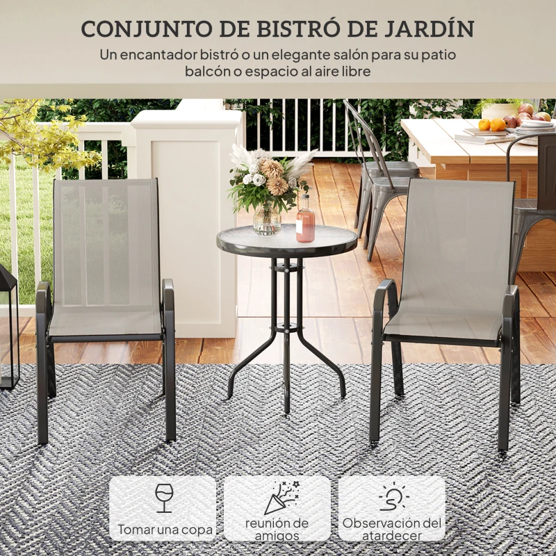Outsunny Conjunto de Jardín de 3 Piezas con Mesa Redonda Encimera de Vidrio y Sillas Apilables para Exteriores Gris Claro