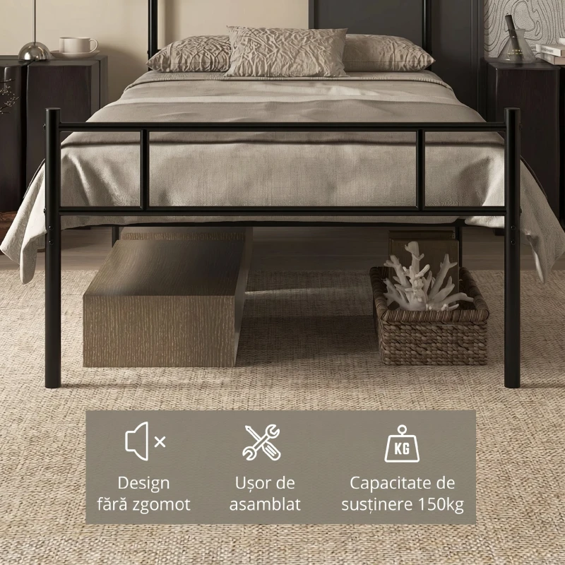HOMCOM Cadru de Pat Single din Oțel cu Somieră Metalică Integrată, Tăblie și Tetieră incluse, pentru 1 Persoană, 90x200 cm, Negru