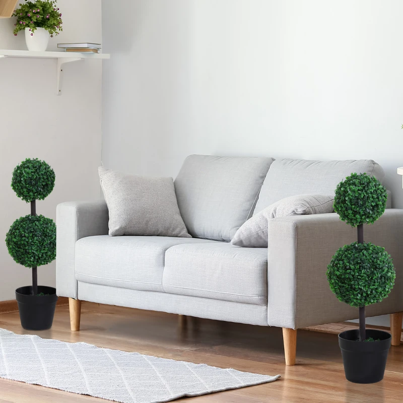 Outsunny Set of 2 Artificial Boxwood Ball Topiary Trees, 67cm Fake Plants in Pot for Outdoor and Indoor Décor