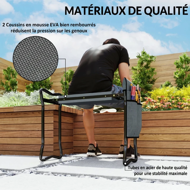 Outsunny Tabouret de Jardin Pliable avec Coussin Rembourré Épais et 4 Poches à Outils Amovible, Charge 150kg, 58x28x49cm, Gris