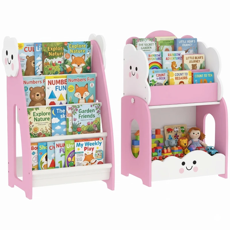 AIYAPLAY 3-in-1 Kinderregal mit Spielzeugaufbewahrung, Modularer Bücherregal mit 4 Taschen & 3 Ebenen sowie Nachttisch, Rosa