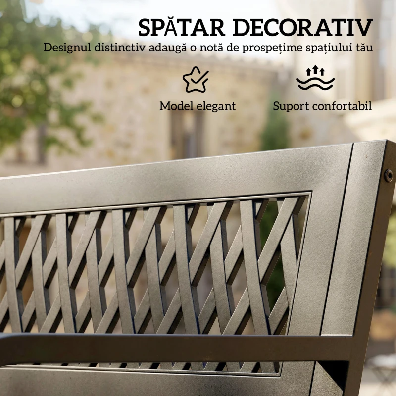 Outsunny Bancă de Grădină pentru Exterior, Bancă de Patio cu Brațe și Șezut cu Lamele, 2 Locuri pentru Grădină, Parc, Balcon, Mobilier Exterior, Negru