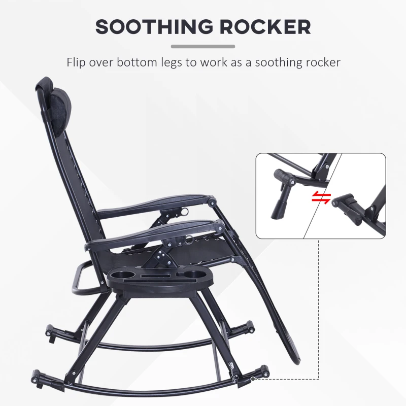 Outsunny Foldable Garden Rocking Chair, Outdoor Recliner Sun Lounger with Breathable Mesh Fabric, Zero-Gravity Seat with Headrest and Cup Holder Tray, Black
