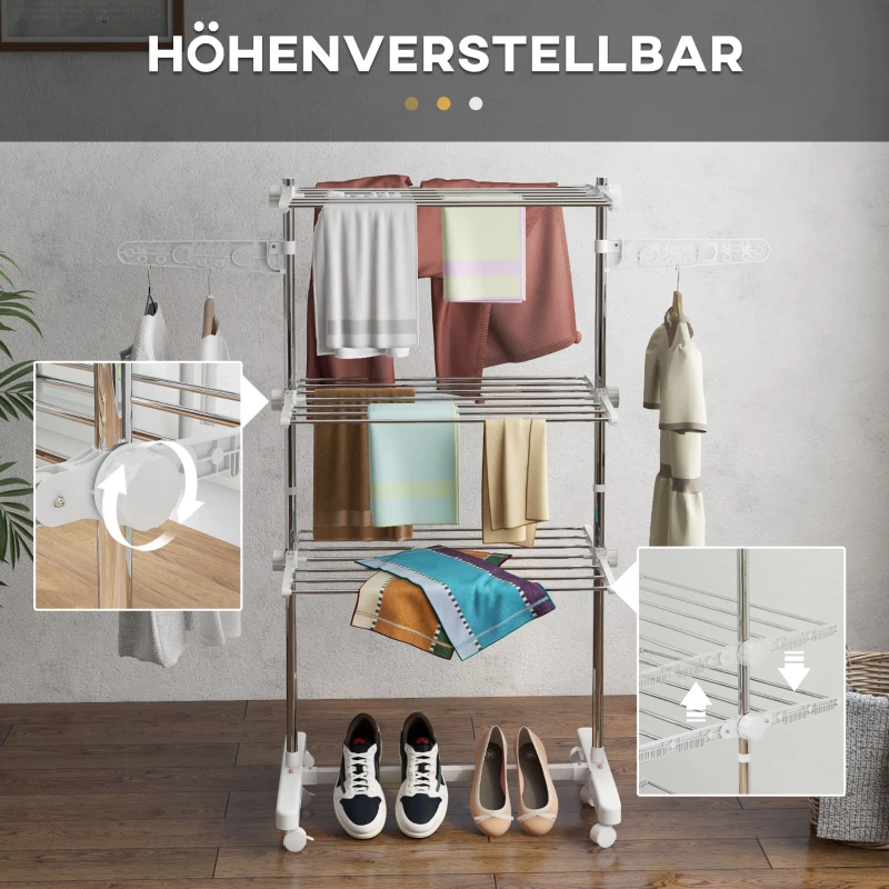 HOMCOM Mobiel kledingrek wasrek kledingrek 3 niveaus inklapbaar wielen(m-4)
