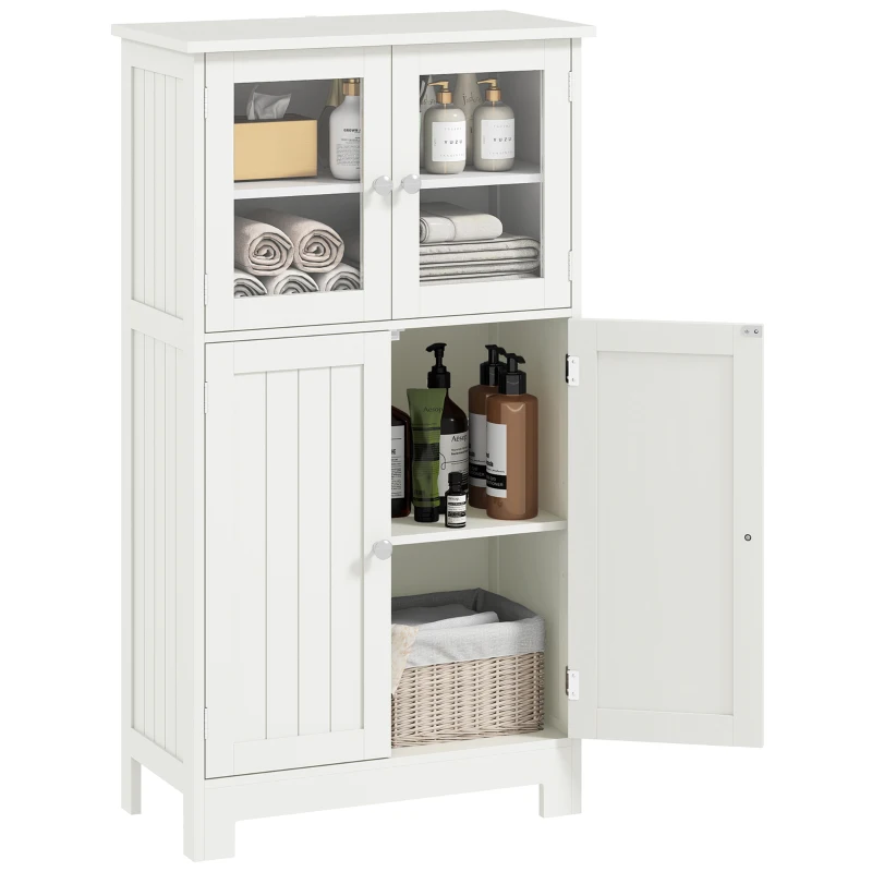 kleankin  Free Standing Bathroom Storage Cabinet, Floor Cupboard with Tempered Glass Doors and Adjustable Shelf, Living room Organizer, White