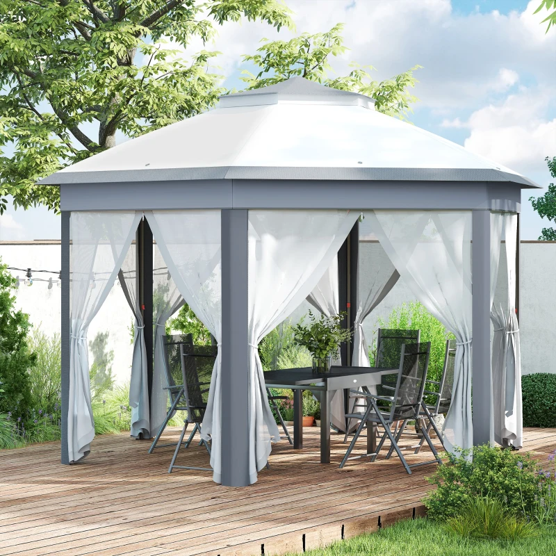 Outsunny Vouwtent 4 x 4m, Zeshoekig Ontwerp, Netgordijnen, Waterafstotend, Ventilatiedak, Grijs+Wit