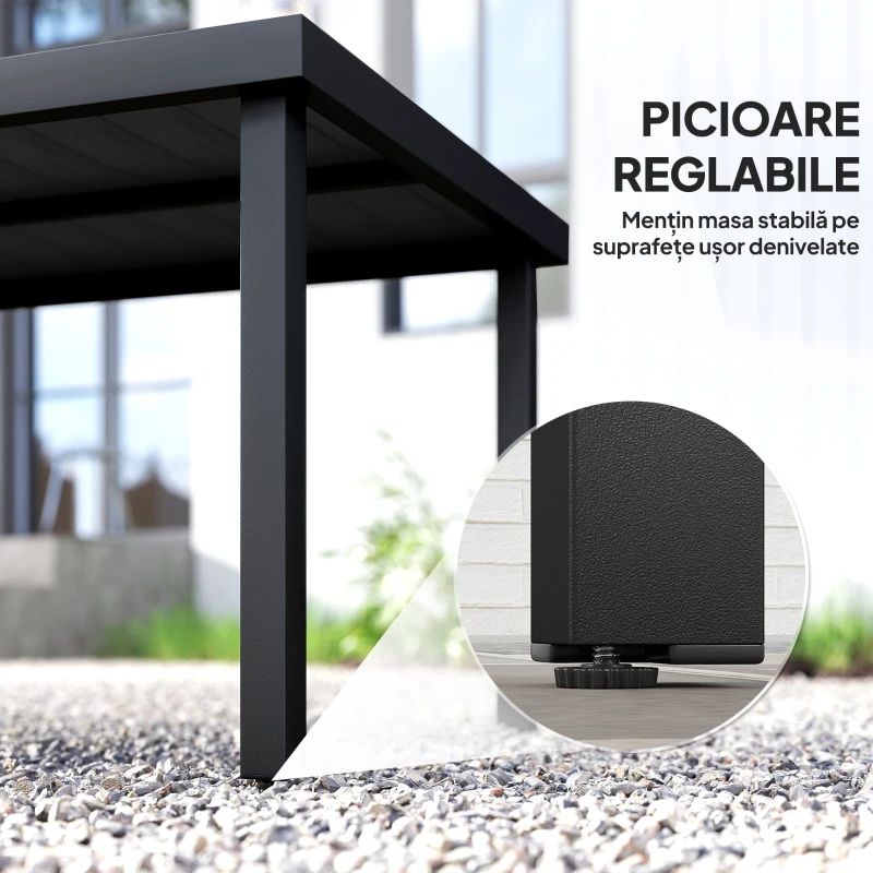 Outsunny Masă de Grădină cu Blat cu Aspect de Lemn 190x90 cm pentru 8 Persoane, Masă de Luat Masa de Exterior Dreptunghiulară din Aluminiu și Plastic, pentru Terasă, Balcon, Negru