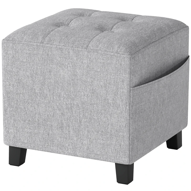 HOMCOM Pouf carré, petit pouf avec poche latérale, repose-pieds en tissu aspect lin avec pieds en bois d'hévéa, Gris clair