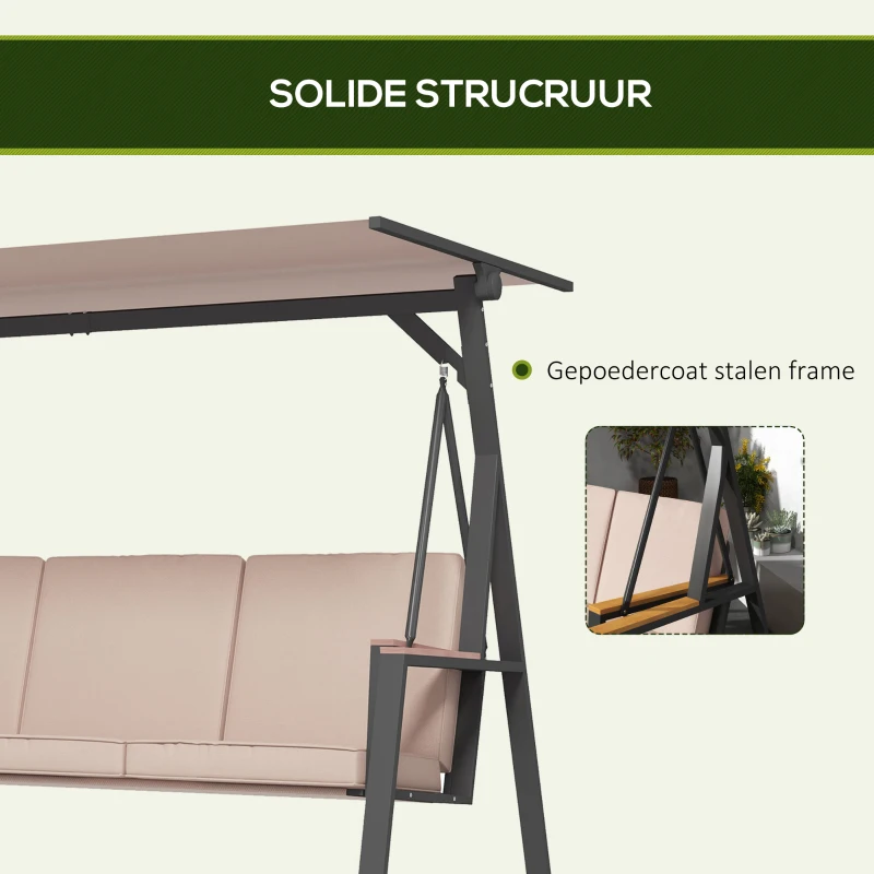 Outsunny Tuin schommelbank Hollywoodschommel 3-zits, met zonnedak, weerbestendig, Beige + Zwart