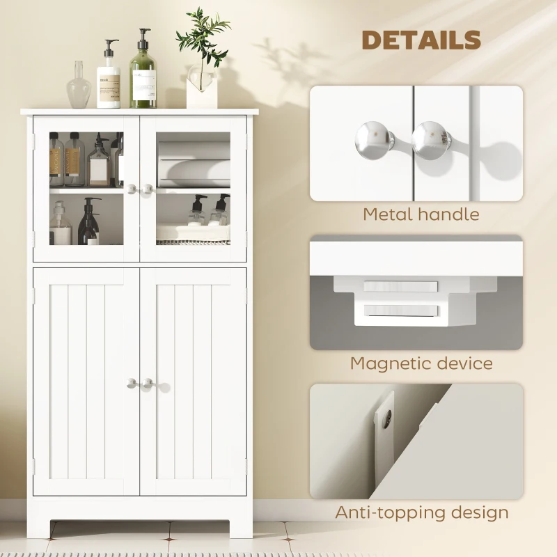 kleankin  Free Standing Bathroom Storage Cabinet, Floor Cupboard with Tempered Glass Doors and Adjustable Shelf, Living room Organizer, White
