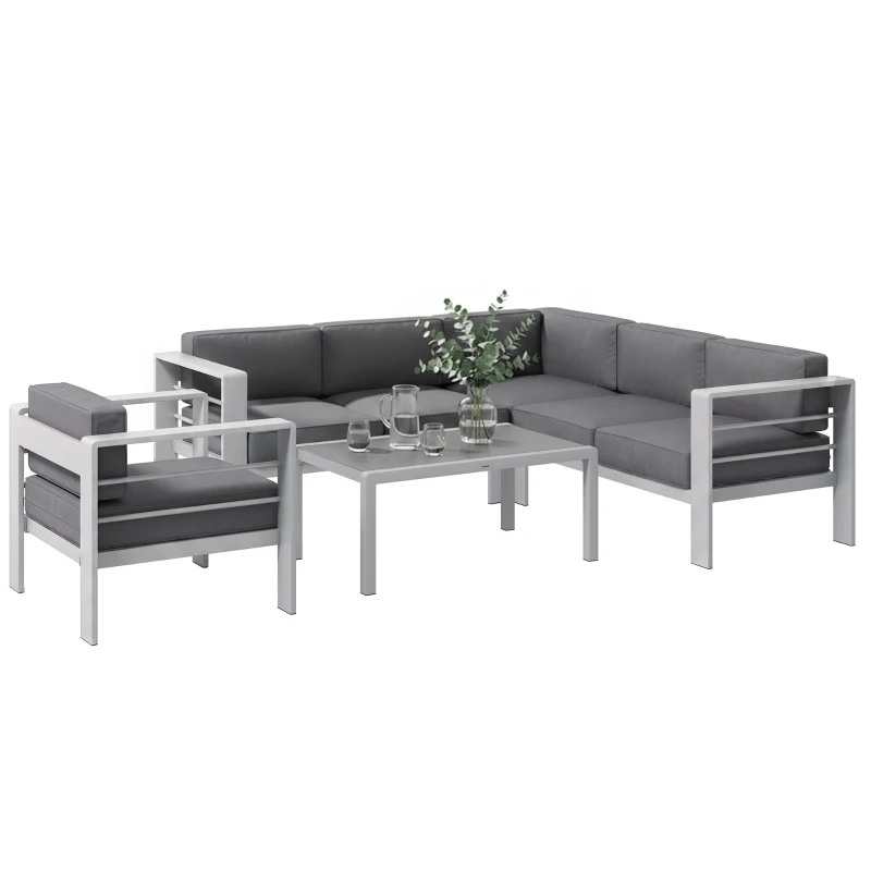 Outsunny Five-Piece Aluminium Garden Sofa Set, with Glass-Top Table - Grey