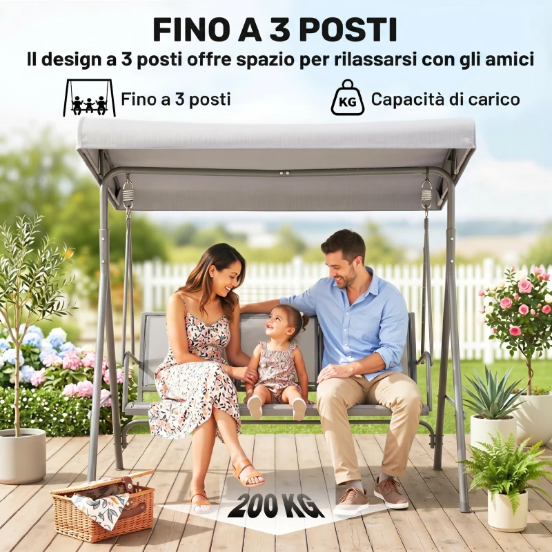 Outsunny Dondolo 3 Posti da Giardino Esterno Terrazzo in Poliestere Grigio