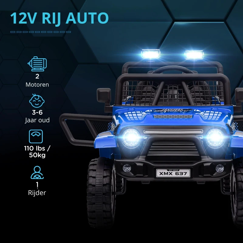AIYAPLAY Elektrische Kinderauto met Zachte Veren, Afstandsbedienbaar, LED-Lichten, Toeter, 12V Motoren, van Kunststof en Metaal, Blauw(m-5)