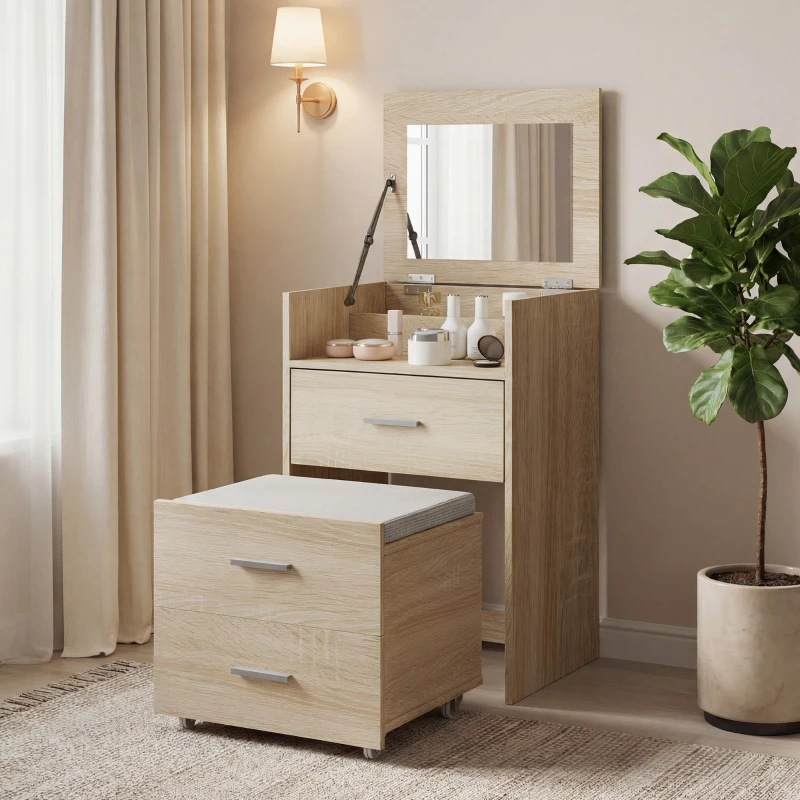 HOMCOM Tavolo da Trucco con Specchio a Ribalta, Cassetti e Sgabello, in Legno e Tessuto Effetto Lino, color Legno