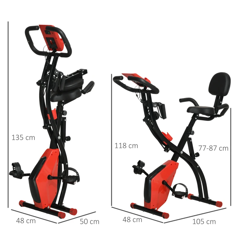 HOMCOM Vélo d'Appartement Pliable 4-en-1 - Ergomètre Magnétique Silencieux avec Cordes de Résistance - Sport Maison et Cardio-training avec Roulettes, Selle Confort et LCD (Max 120kg), Rouge