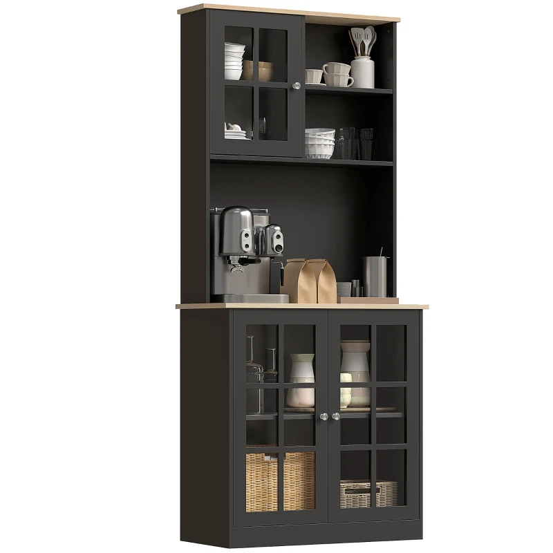 HOMCOM Alacena de Cocina con Estantes y Puertas de Vidrio para Pequeños Electrodomésticos 80x37x183 cm Negro