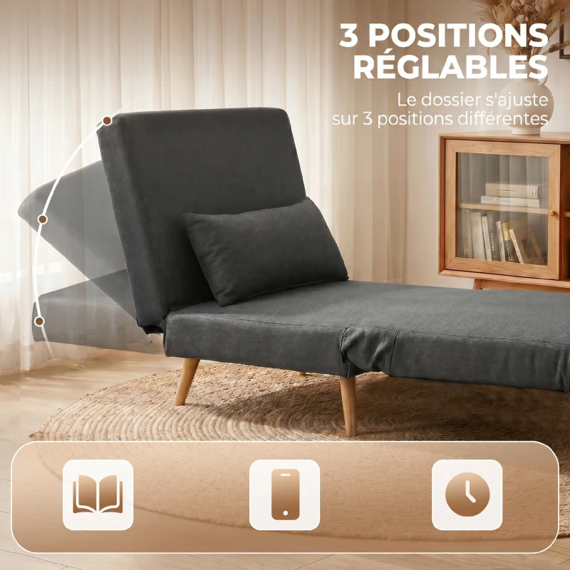 HOMCOM Canapé-lit 1 place avec dossier réglable, coussin inclus et pieds pliables charge 120 kg gris