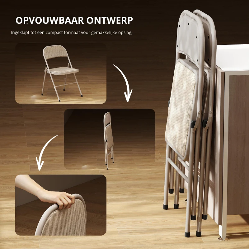 HOMCOM Set van 2 inklapbare stoelen, draagbare bureaustoelen, metalen poten, opvouwbare stoel voor kantoor, wachtruimte, linnenlook, beige