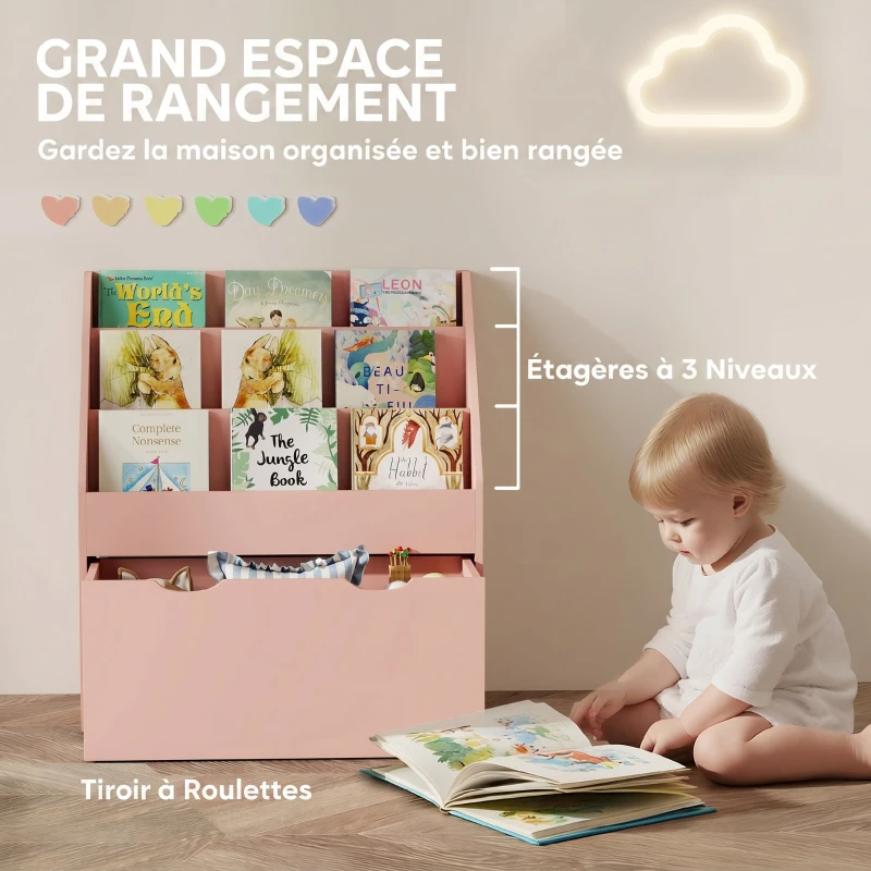 AIYAPLAY Bibliothèque pour enfants Multi-Rangement avec 3 niveaux d'étagères et un tiroir, 62,5L x 30l x 70H cm, rose
