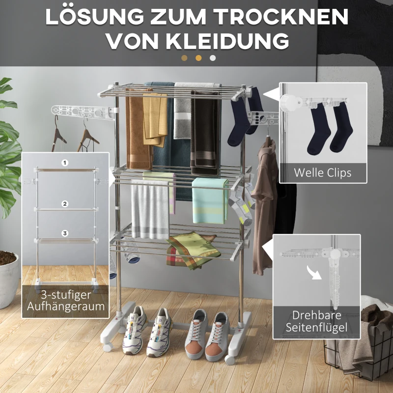 HOMCOM Mobiel kledingrek wasrek kledingrek 3 niveaus inklapbaar wielen(m-5)