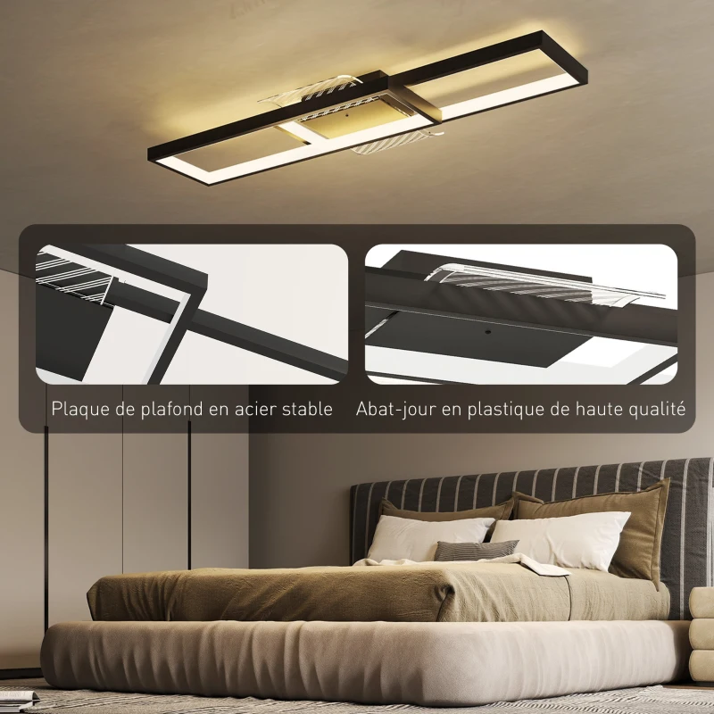 HOMCOM Plafonnier LED rectangle 43W, luminaire plafonnier 3000-6000K, 4600LM, télécommande, 70 x 30 cm, noir