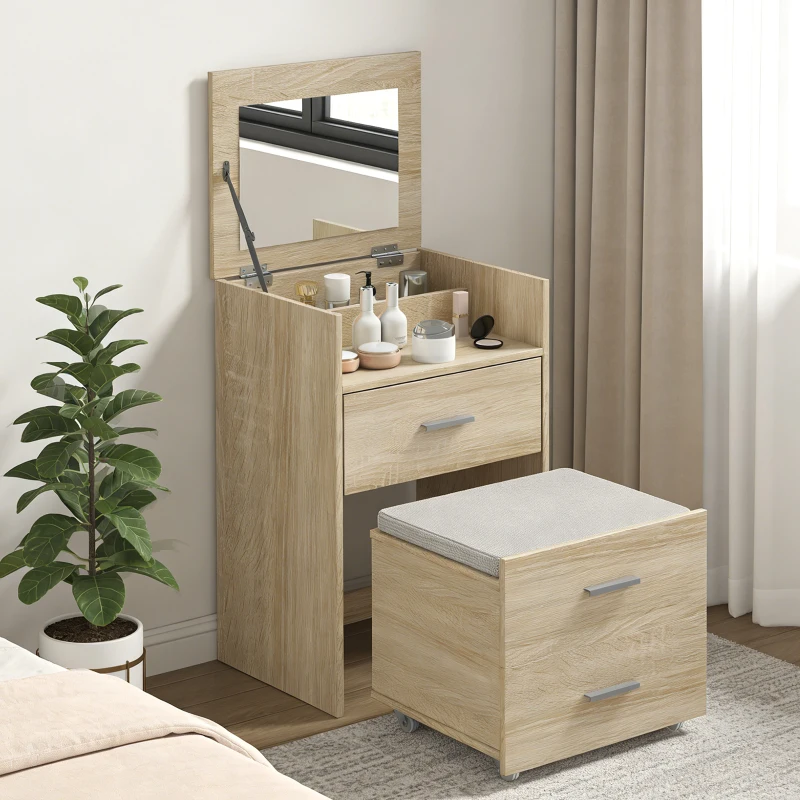 HOMCOM Tavolo da Trucco con Specchio a Ribalta, Cassetti e Sgabello, in Legno e Tessuto Effetto Lino, color Legno