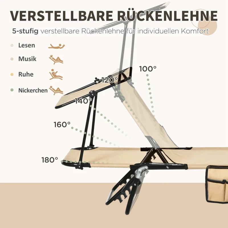Outsunny 2-delige Set Ligstoelen inklapbaar met Zonnescherm, 5-standen Verstelbare Rugleuning - Bruin