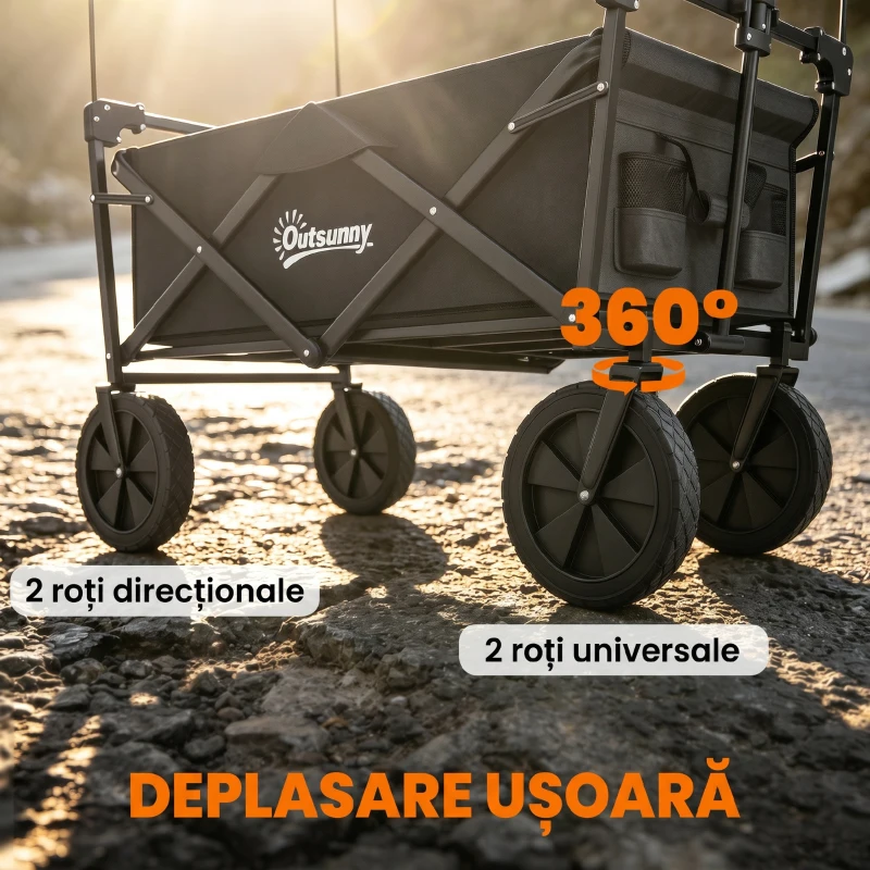 Outsunny Cărucior de Grădină 110L cu Mâner Telescopic și Acoperiș din Oțel și Țesătură Oxford, Negru