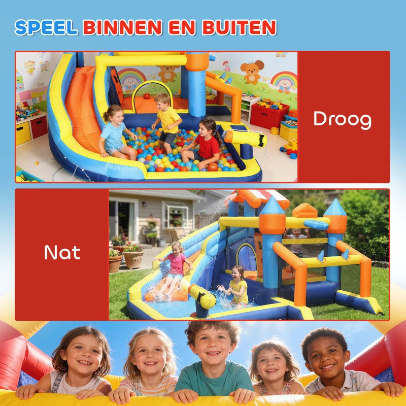 AIYAPLAY 8-in-1 Springkasteel met blower, glijbaan, plonsbad, trampoline en klimwand voor binnen en buiten, 350x325x210 cm, meerkleurig