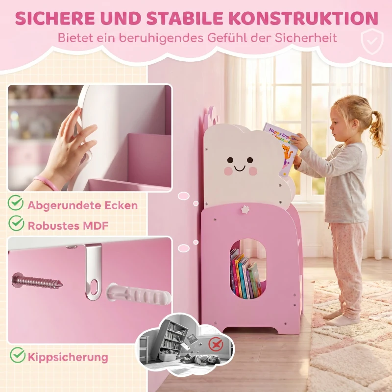 AIYAPLAY 3-in-1 Kinderregal mit Spielzeugaufbewahrung, Modularer Bücherregal mit 4 Taschen & 3 Ebenen sowie Nachttisch, Rosa