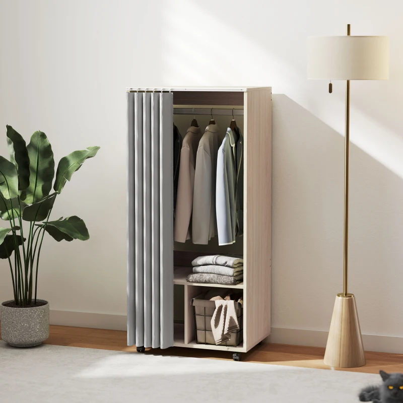 HOMCOM Armoire penderie armoire de rangement mobile avec rideau, tringle de suspension, 60 x 40 x 128 cm, effet bois naturel