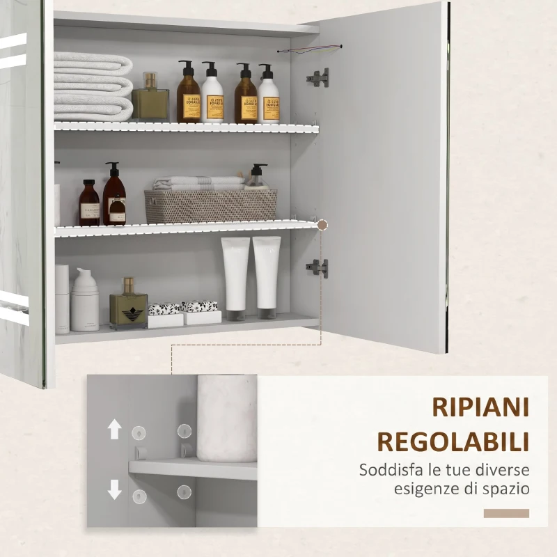 kleankin Specchio Bagno Contenitore con Luce LED, 80 x 65cm Mobile Bagno con Specchio, Anta Soft Close, Dimmerabile a 3 Colori, Ripiani Regolabili, Bianco Lucido