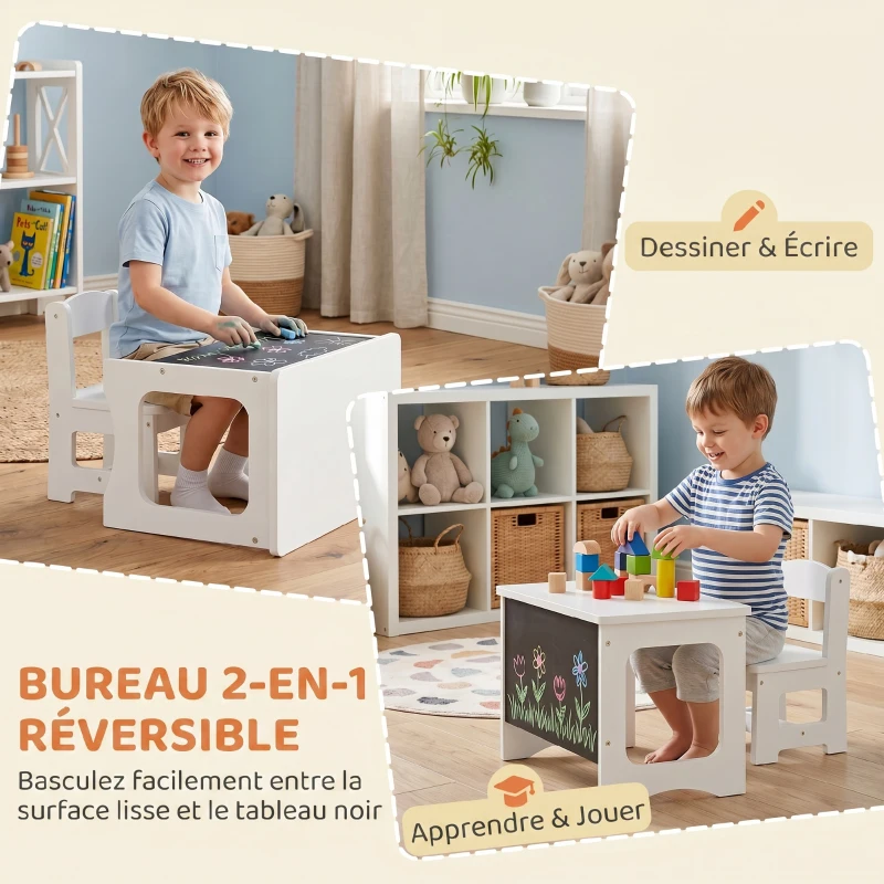 AIYAPLAY Bureau et Chaise pour Enfant avec Plateau Réversible Tableau Noir, 3 à 6 Ans, Blanc