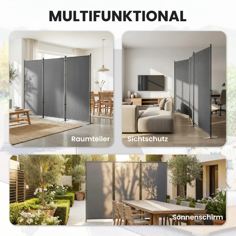 Outsunny Raumteiler 3-teilig 260 x 34 cm Freistehend Paravent Trennwand Sichtschutz aus Metall, Outdoor Raumtrenner Dunkelgrau