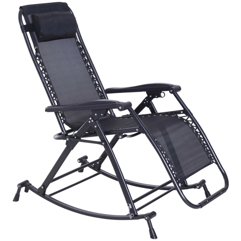 Outsunny Foldable Garden Rocking Chair, Outdoor Recliner Sun Lounger with Breathable Mesh Fabric, Zero-Gravity Seat with Headrest and Cup Holder Tray, Black
