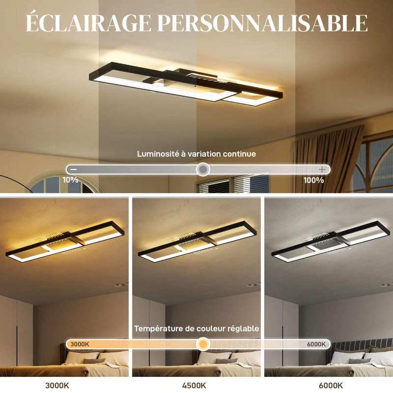 HOMCOM Plafonnier LED rectangle 43W, luminaire plafonnier 3000-6000K, 4600LM, télécommande, 70 x 30 cm, noir