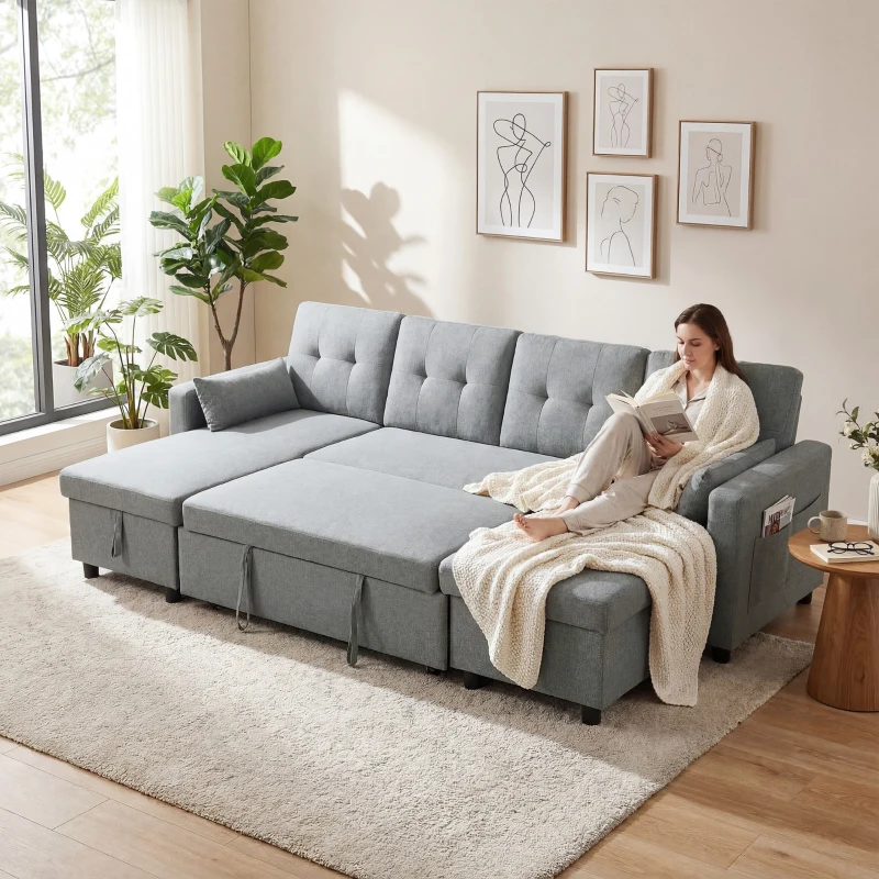 HOMCOM Sofá de canto com função cama e baú em U 4 lugares Sofá com chaiselongue, encosto regulável, aparência linho