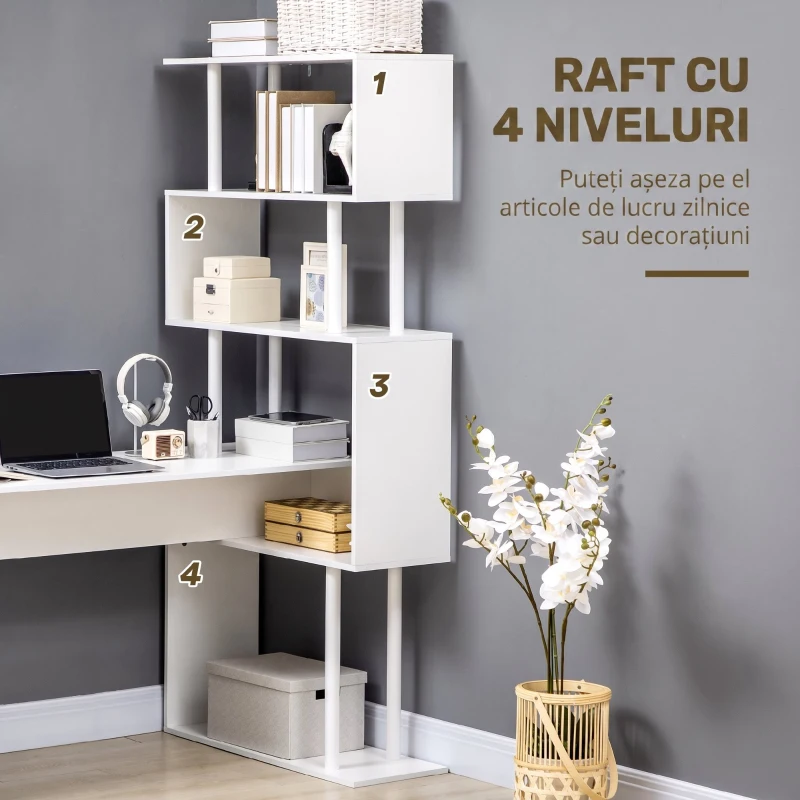 HOMCOM Birou Modern pentru Calculator in forma de L, Masa de scris, Birou de colt cu rafturi pe 4 nivele pentru biroul de acasa, alb